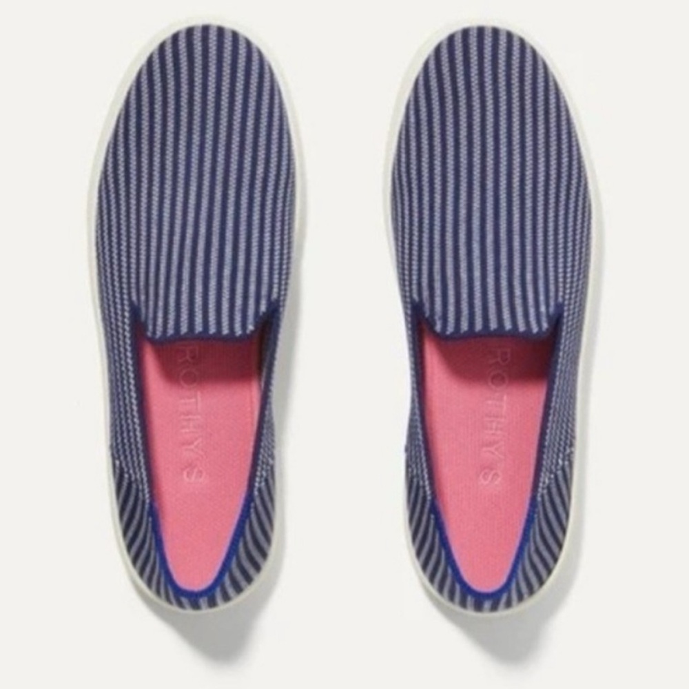 Rothy’s Original Slip-On Sneaker Riviera Pinstripe SZ 7 Blue & White Shoes
